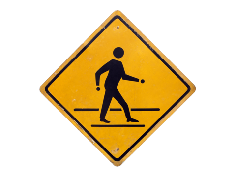 warning sign be careful people cross road, pictogram pedestrian walk isolated on transparent