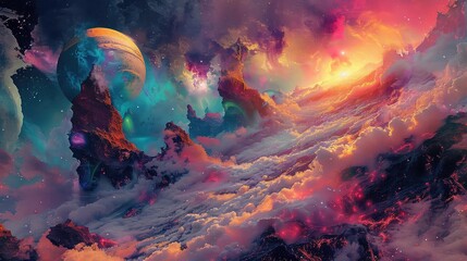 Psychedelic alien planet with abstract landscapes and vivid colors, surreal, digital art, dreamlike and hypnotic,