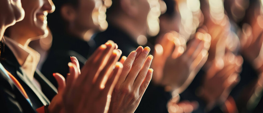 Audience clapping hands in appreciation and applause at a live event, close-up capturing the celebratory moment.