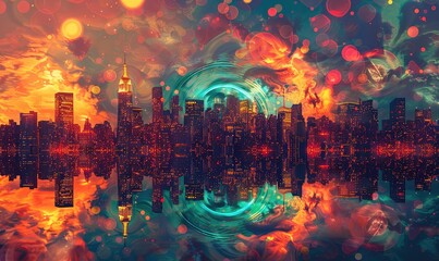 Obraz premium Psychedelic city skyline with swirling abstract colors and patterns, vibrant and surreal, digital art, dreamlike and hypnotic,