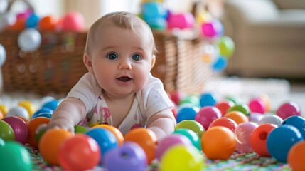 Curious Baby Playing with Soft Colorful Balls in Basket on Play Mat
