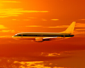 sunset with flying airplane