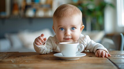 Curious Baby Reaching for Hot Coffee on Low Table, Potential Danger Scene