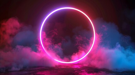 On dark night sky, luminous neon light rings illuminate abstract cloud. Glowing geometric shape.