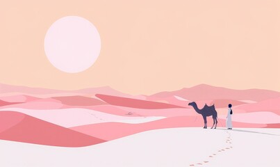 art of a camel and man in the desert, with pink pastel colors