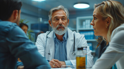 Obraz premium A senior doctor discussing with patients in a medical office, highlighting professional healthcare consultation and patient care.