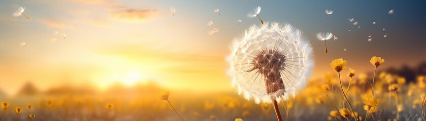 Dandelion standing alone in a vibrant field, intricately detailed and softly illuminated by the sunlight close up, delicate nature, realistic, manipulation, pastoral backdrop - Powered by Adobe