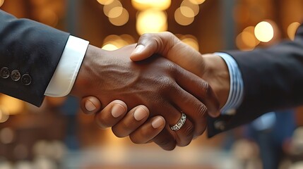 Detailed close-up of a multicultural business handshake, focusing on hand textures and stylish cufflinks, blurred neutral office setting, professional and inclusive, high-definition, 16:9 ratio 