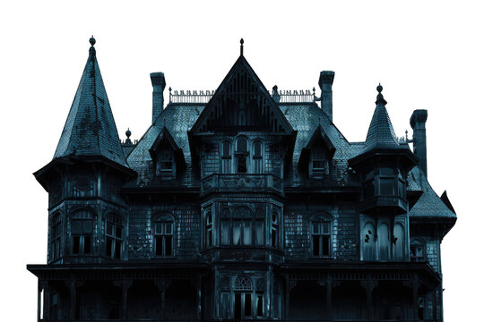 Spooky old haunted mansion with eerie gothic architecture, perfect for Halloween themed designs or horror related projects.