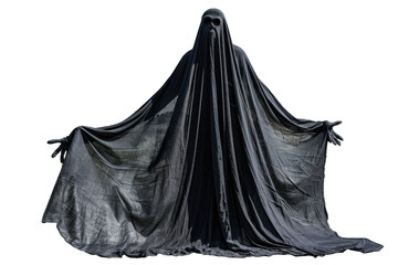 Naklejka premium A mysterious figure draped in a dark, flowing cloak, standing with outstretched arms, creating an eerie and haunting visual portrayal.