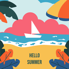 Obraz premium Colored Summer concept. Summer art with yacht silhouette in the ocean, tropical island landscape and typography. Trend 2025 Vector aesthetic poster, postcard print, web and social media background.