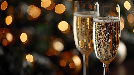 Detailed close-up of champagne glasses clinking, emphasizing the bubbles and sparkling liquid, light creating beautiful reflections, blurred festive lights in the background, elegant.