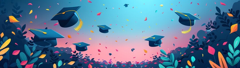 Illustration of graduation caps flying in the air with colorful leaves and a beautiful sky, symbolizing success and new beginnings.