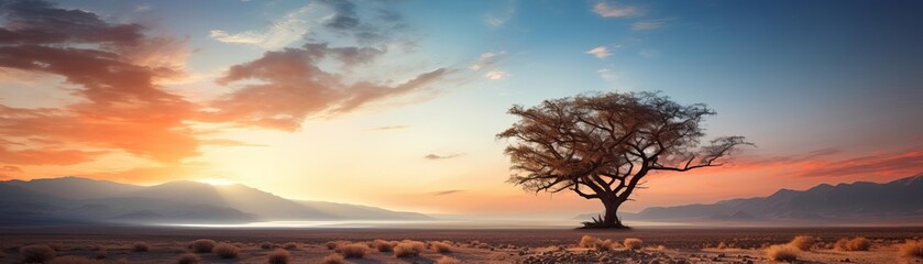 Naklejka premium Desert scene with a solitary tree, softly illuminated by morning light from behind focus on serene solitude, whimsical, blend mode, sunrise desert backdrop