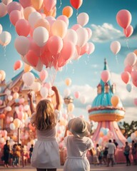 Children holding balloons and cotton candy at an amusement park close up, joyful moments, vibrant, overlay, colorful backdrop
