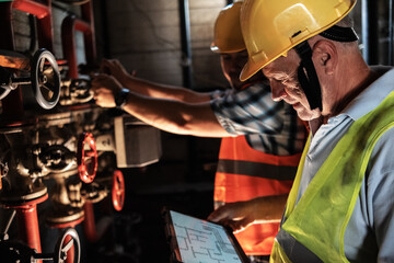 Two maintenance workers are adjusting the pressure in the pipes to ensure the factory operates...