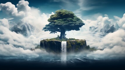 Fototapeta premium Surreal scene of a floating island in the sky with a lone tree and a waterfall cascading into the clouds