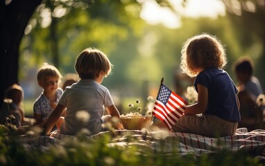 Children playing at a picnic with the American flag in soft focus behind them on Memorial Day selective focus, family celebration, whimsical, composite, backyard backdrop