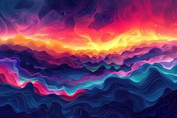 Psychedelic mountains with swirling colors and abstract shapes, vibrant and surreal, digital art, dreamlike and hypnotic,