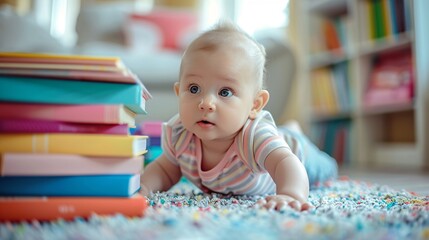 Curious Baby Crawling Towards Colorful Books on the Floor in a Fun Learning Environment