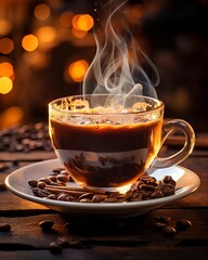 Closeup of a steaming cup of coffee, rich aroma wafting through the air close up, aromatic delight, vibrant, double exposure, cozy cafe backdrop