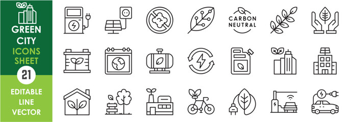 A set of line icons related to green city. Green, no pollution, fresh, electric vehicles, renewable energy and so on. Vector outline icons set.