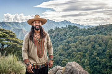 Young Indigenous hiker Man on Mountain Peak