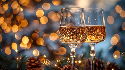 Detailed close-up of two crystal glasses toasting, fine glass details, elegant setting, soft bokeh...