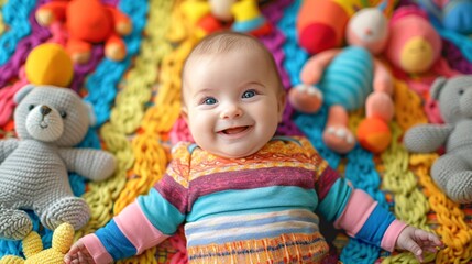 Adorable Baby Surrounded by Toys on Colorful Blanket for Playtime Joy