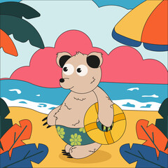 Hand Drawn Summer art with animal in swimming suit and tropical island background. Summer concept with Ocean Beach. Trendy 2025 vector aesthetic for web and social media. Editable stroke.