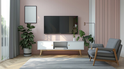 living room with a white television on a wall and a white entertainment center