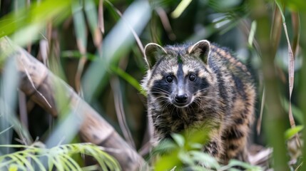 Asian Racoon Dog (Nyctereutes procyonoides) in the wilderness. 