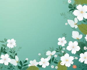 Beautiful floral background with white flowers and green leaves arranged elegantly on a gradient green backdrop, perfect for spring themes.