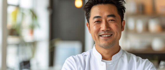 Smiling chef in a bright kitchen setting, showcasing his professional attire and welcoming demeanor. Ideal for culinary or hospitality themes.