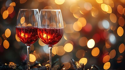 Detailed close-up of wine glasses clinking, emphasizing the rich color of the wine, light reflections creating a warm glow, blurred background with a cozy ambiance, elegant and festive.