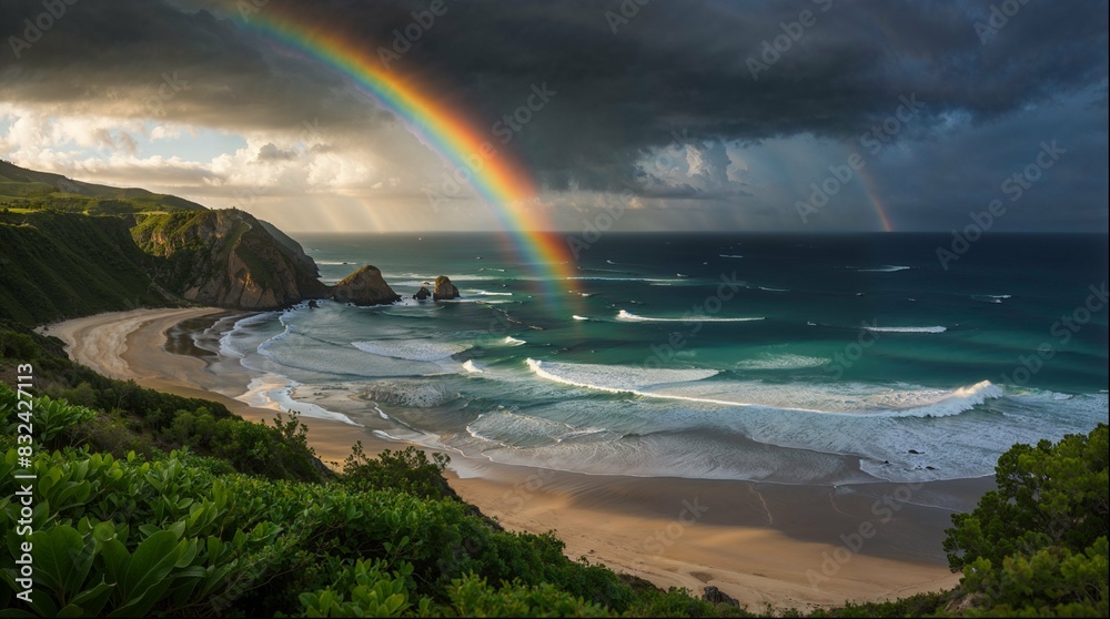 Poster a rainbow is seen over the ocean on a beach, with a cloudy sky