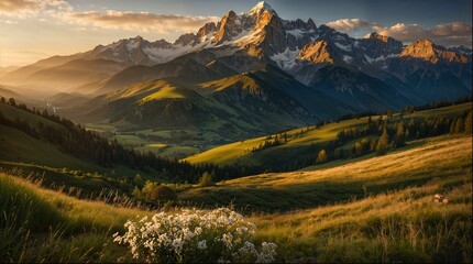 A mountain range with a field of green grass and a few flowers
