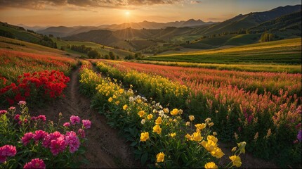 A field of flowers with a path through it