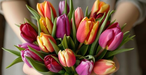 Obraz premium A woman tender grasp cradles a vivid array of tulips