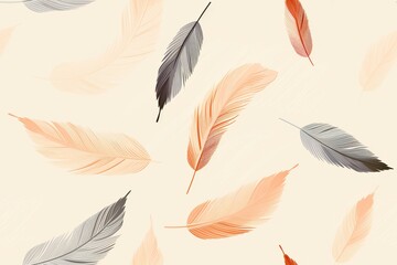 Seamless pattern of soft pastel-colored feathers in various sizes on a light beige background, creating a light and airy aesthetic.