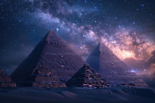 Pyramids under a starry night sky, with the Milky Way visible and casting a mystical glow, cool tones, photorealistic style,