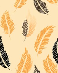 Seamless pattern with orange and black feathers on a beige background, perfect for textile design and home decor.