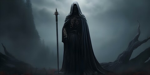 3D rendering of Grim Reaper with skeletal features and black cloak. Concept 3D Rendering, Grim Reaper, Skeletal Features, Black Cloak