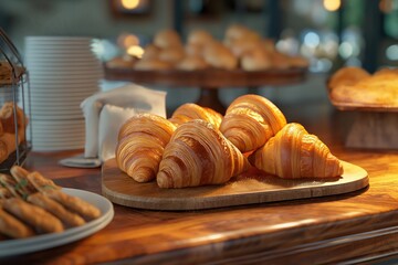 Golden Croissants on Wooden Board at Bakery Counter