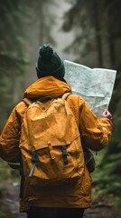 Person in a yellow jacket and green beanie exploring a forest trail with a map, showcasing the essence of outdoor adventure.