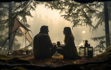 Couple enjoying a morning coffee outside their tent in the woods focus on tranquility, ethereal, double exposure, misty forest backdrop