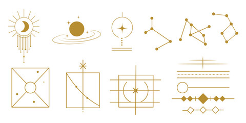 Set of vector line art with simple geometric, celestial, and esoteric symbols. The icon set has a white isolated background and gold color palette in the style of a vector logo