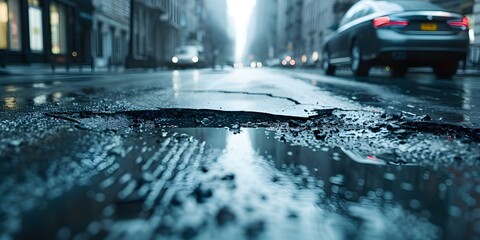 City street with potholes near tall buildings car stopped poor road condition. Concept City Infrastructure, Poor Road Conditions, Urban Decay, Car Maintenance, Potholes