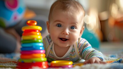 Obraz premium Loving Parent Encouraging Infant During Stacking Rings Playtime