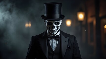 Black halloween theme with skeleton man wearing tuxedo and top hat. Generative AI